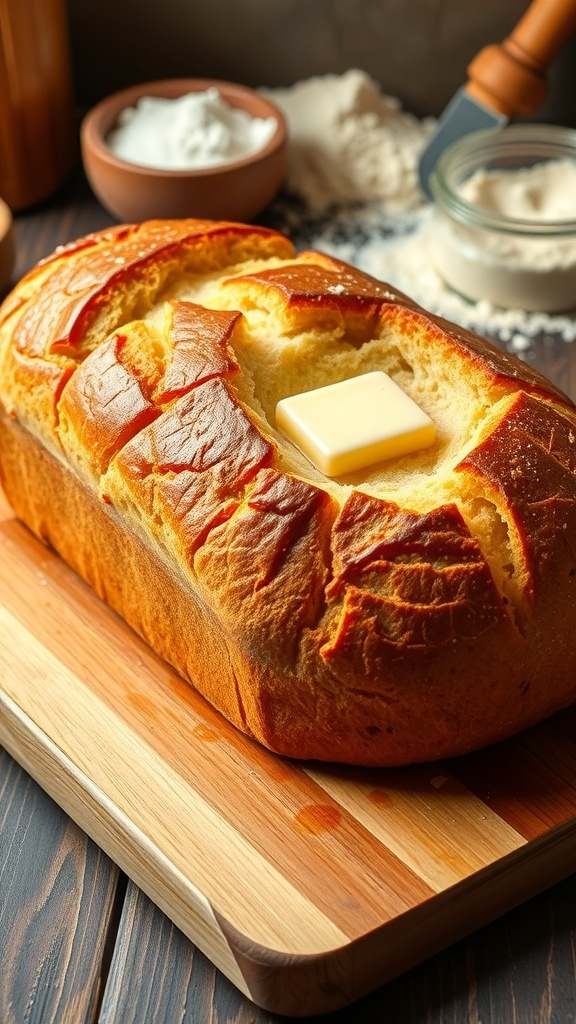 Beastly Yeast Bread Recipe A golden-brown loaf of yeast bread sliced to show its fluffy interior, with melting butter on top, on a wooden board.
